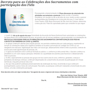 Decreto 027 2020 Celebrações dos Sacramentos com participação dos fieis